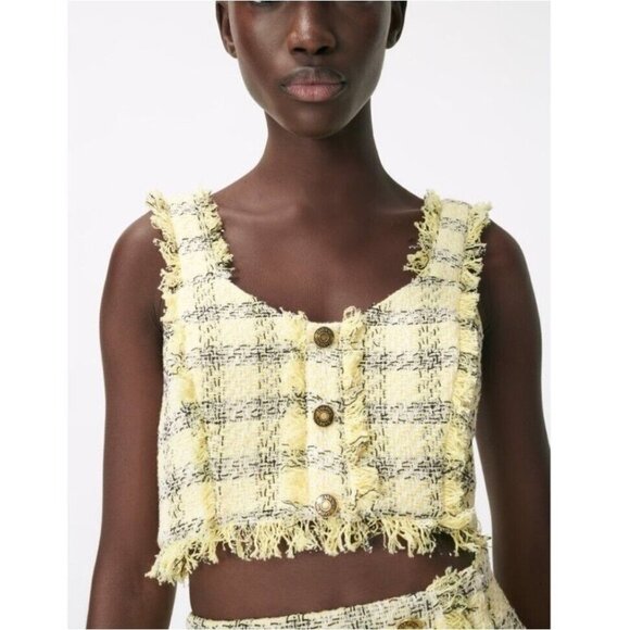 Y2K Zara Womens Crop Top Size L Yellow Black Plaid Frayed Preppy Popstar Bratz - Picture 14 of 14